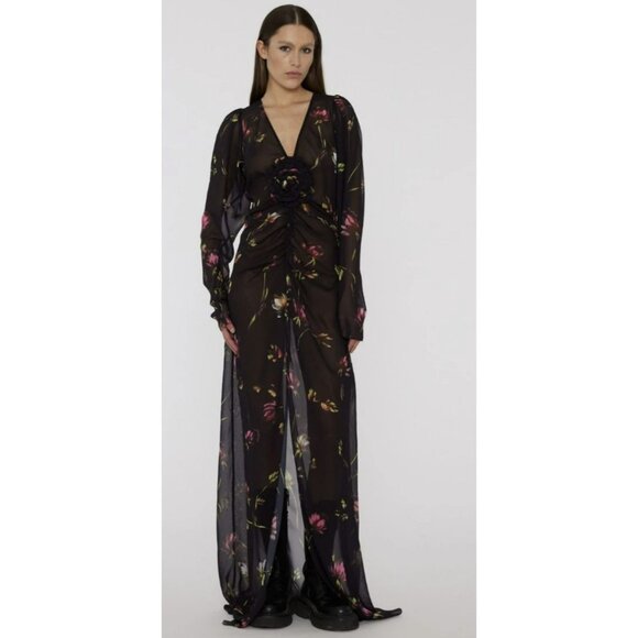 Rotate $469 Floral Size Small Maxi Dress Rosette Ruched Long Sleeve Formal NWT - Picture 1 of 13